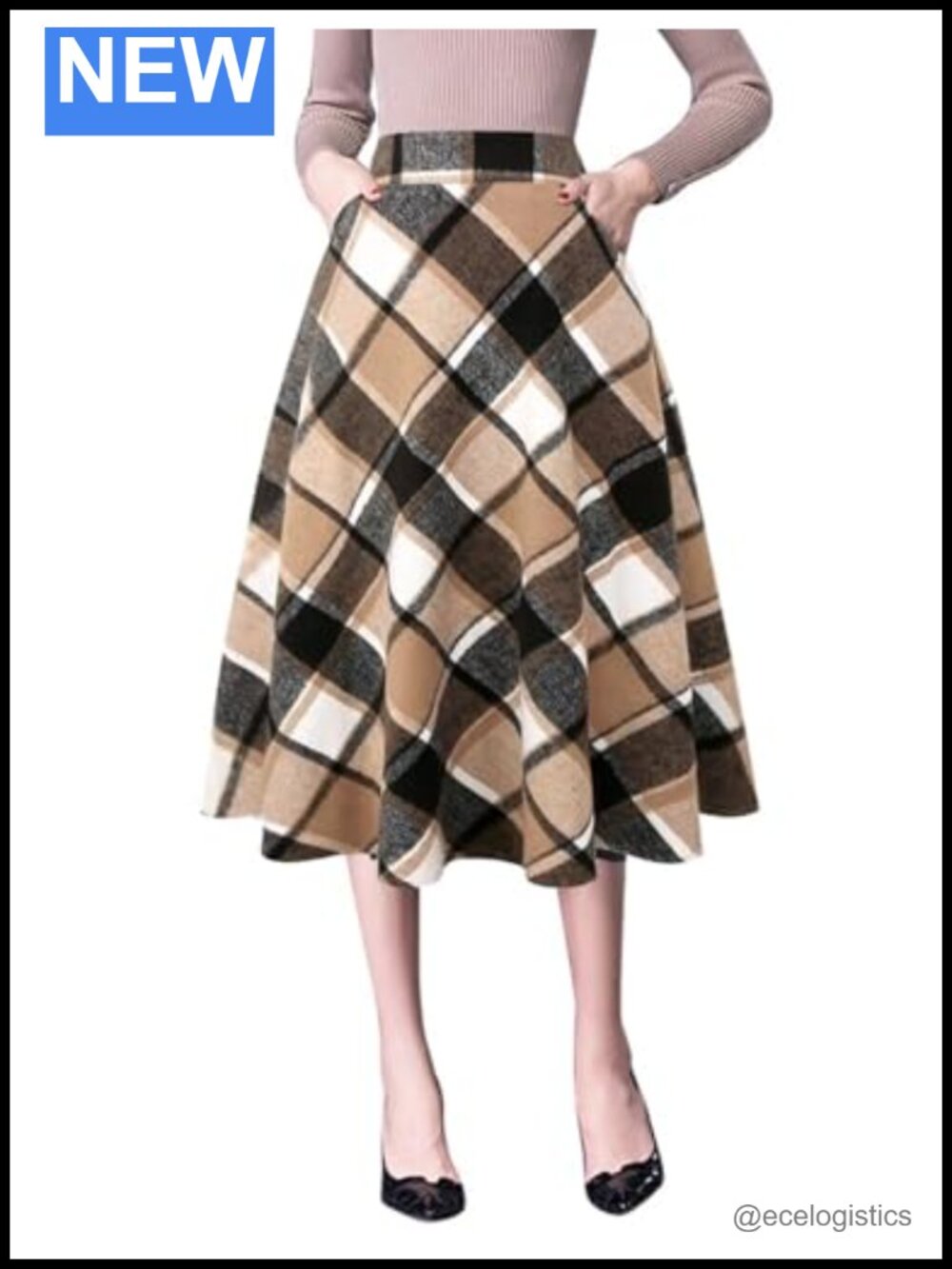 Women's High Waisted Plaid A-Line Pleated Midi Skirt in Wool Blend